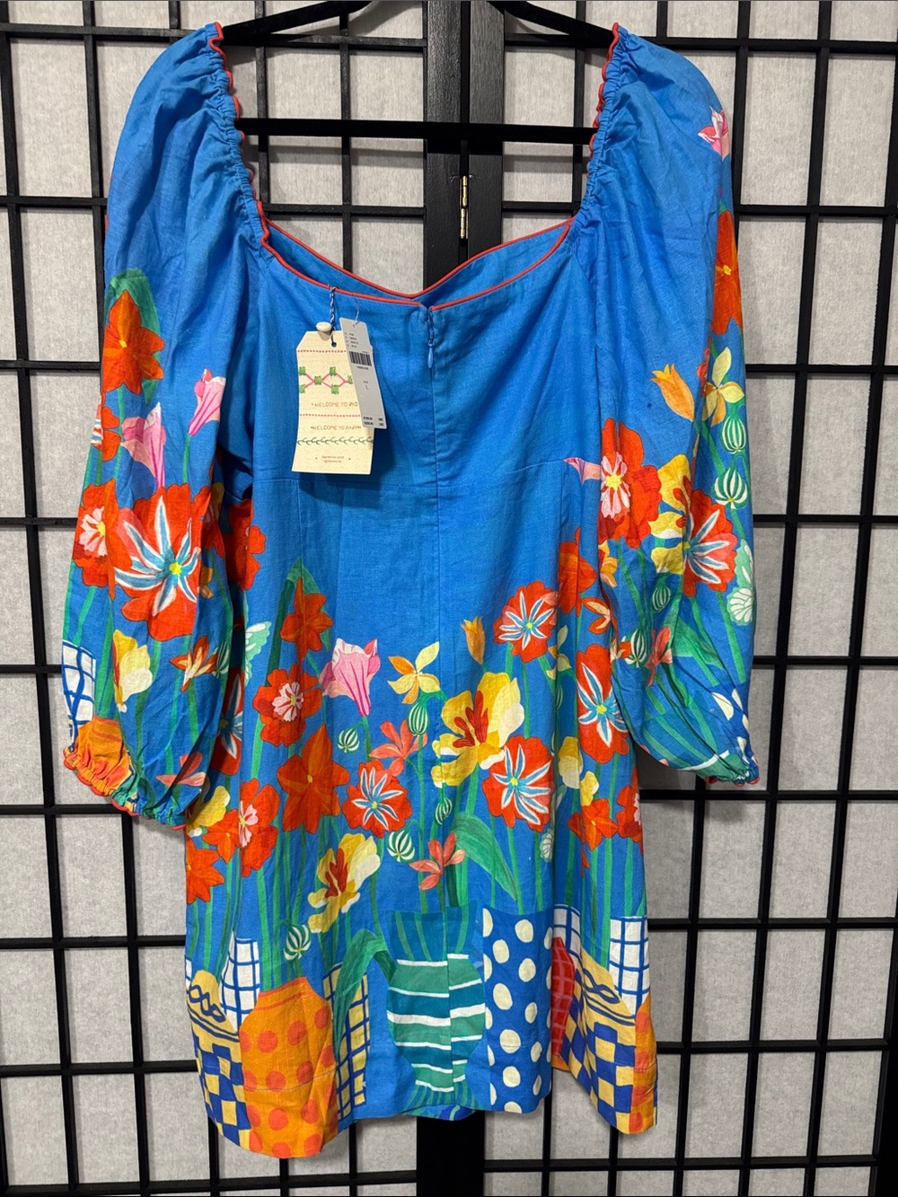 FARM Rio Blue Floral Puff Sleeve Mini Dress Size L Colorful Garden Print - Picture 7 of 15
